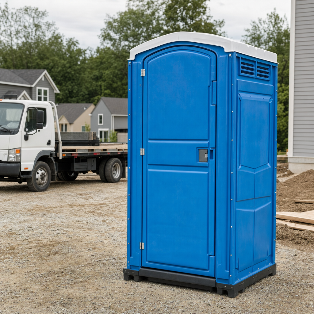 Delivery driver positioning a clean royal-blue portable toilet on level ground at a Racine worksite