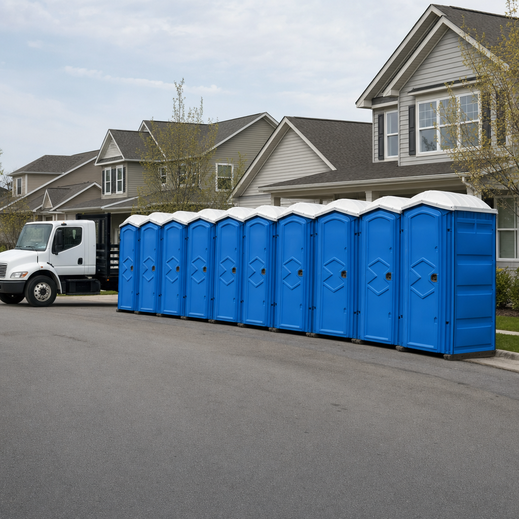 Royal blue portable toilets staged in a tidy row at a Racine jobsite, ready for delivery